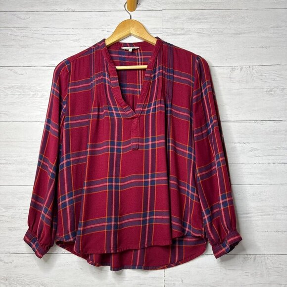 Lucky Brand Blouse Womens SZ Small Burgundy Plaid Flannel Pintuck Pleat Peasant - Picture 1 of 16